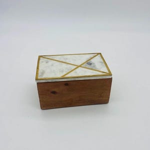 Wood Box with Stone Lid and Brass Inlay Mid Century Modern