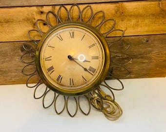 Vintage Westclox Daisy Brass Finish Electric Wall Clock:  Mid Century Modern Atomic Retro