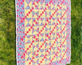 Vintage Floral and Triangle Block Lap Quilt CottageCore Farmhouse Rustic Shabby Chic Country