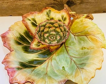 Fitz & Floyd Venetian Romance Large Leaf Design 1 Piece Chip and Dip Serving Bowl CotrageCore French Country Farmhouse