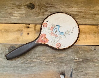 Blue Bird Hand Painted Wood Hand Mirror CottageCore Folk Art