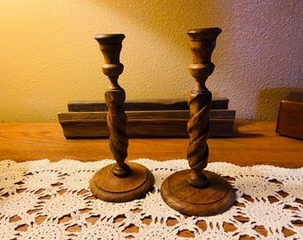 Vintage Wood Barley Twist Candlesticks Rustic Farmhouse English Cottage