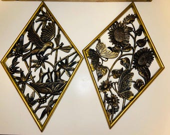 Vintage Burwood Gold & Black Bird and Floral Diamond Wall Hangings 1970s Mid Century Modern Hollywood Regency Retro
