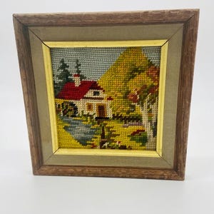 Country Farm Scenery Needlepoint Picture Vintage Farmhouse Rustic CottageCore