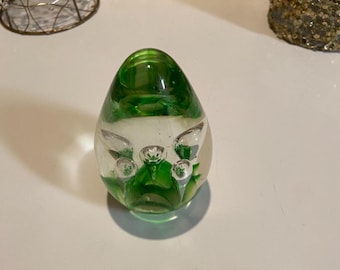 Vintage Green Floral Art Glass Paperweight with Controlled Bubble Mid Century Modern Retro Art Deco CottageCore