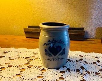 Vintage Rowe Pottery Works Stoneware Salt Glazed Crock Farmhouse Country Rustic American Folk Art