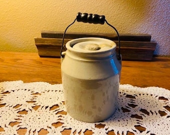Vintage Stoneware Canning Crock With Lid & Wire Bail Wood Handle Primitive Rustic Farmhouse Country