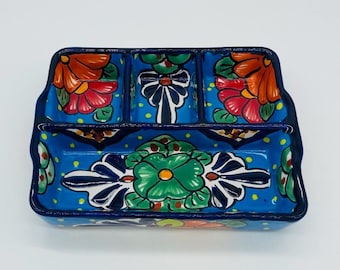 Talavera Divided Appetizer Serving Dish Mexican Floral Pottery Folk Art Boho Rustic Eclectic