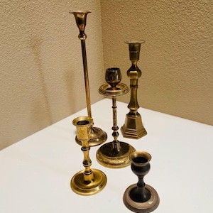 Vintage Brass Candlestick Holders - Eclectic Set of 5Rustic Retro Boho Mid Century Modern