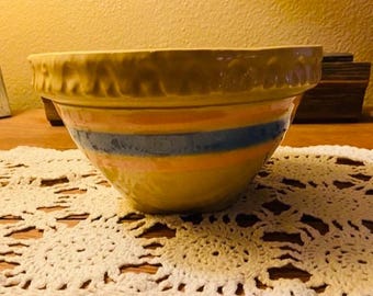 McCoy Pottery Yelloware Mixing Bowl with Blue and Pink Bands USA Farmhouse Country Rustic Primitive Vintage