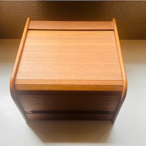Vintage Teak Tambour Roll Top Organizer Cabinet Mid Century Modern Retro Contemporary