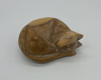 Handcarved Wooden Sleeping Cat Sculpture Rustic CottageCore Boho Farmhouse
