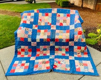 Vintage Block Hand Tied Homemade Quilt CottageCore Shabby Chic Farmhouse