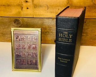 Vintage 1957 New Catholic Edition Holy Bible and Framed Collectible Souvenir Stamp Sheet Vatican City 2000