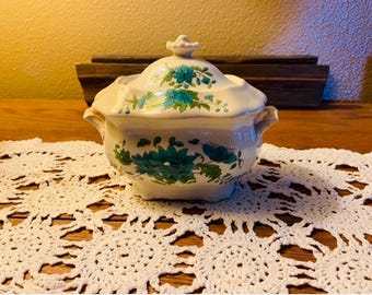 Vintage Green Transferware Tureen English Country Cottage Shabby Chic