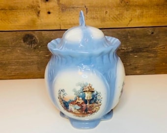 Vintage Porcelain Ornate Biscuit Jar with Hand Painted Scenes Victorian Romantic Rococo Revival Shabby Chic