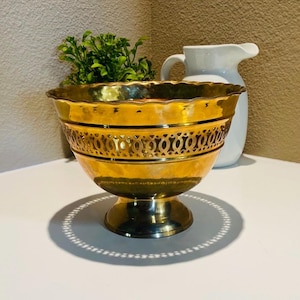 Vintage Brass Pedestal Bowl CottageCore Rustic Mid Century Modern