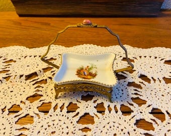 Vintage Victoria Porcelain Tray in a Brass Caddy Romantic Revival Cottage Shabby Chic Hollywood Regency