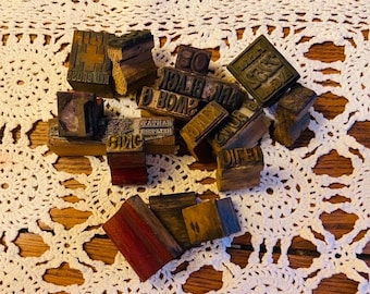 Vintage Wooden Rubber Stamps and Glass Canning Jar Primitive Rustic Farmhouse Early Office