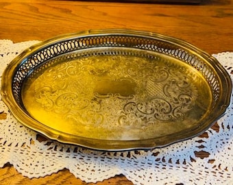 Vintage Silver Plate Serving Platter: Floral Etched, Detailed Edge, French Country Style