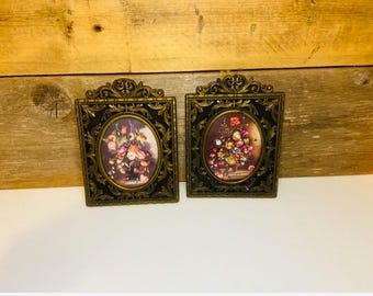 Vintage Floral Prints in Ornate Brass Italian Frames (set of 2) Old World CottageCore French Country