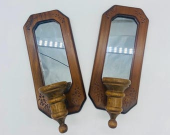 Vintage Mirrored Candle Wall Sconces 1970s Wall Décor Farmhouse CottageCore Rustic Shabby Chic