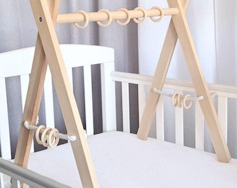 Natural Wood Baby Gym – Montessori Activity Center with Wooden Rings