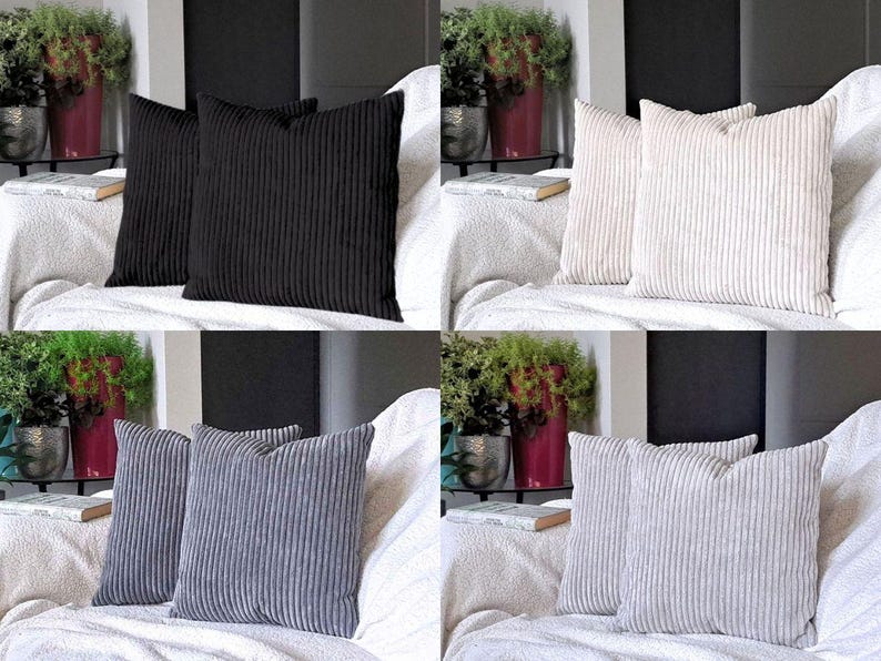 May include: Four sets of two decorative throw pillows. The pillows are made of a soft, textured fabric with a corduroy-like appearance. The pillows are shown in four different colors: black, beige, gray, and white.