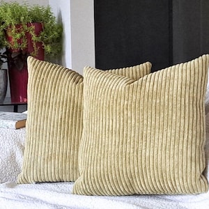May include: Two light green corduroy throw pillows with a ribbed texture. The pillows are on a white couch.