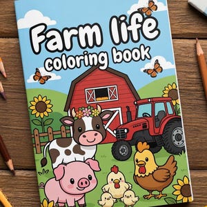 Può includere: Un libro da colorare "Farm Life" con una copertina blu. L'illustrazione mostra una fattoria rossa, un trattore e animali da fattoria, tra cui una mucca, un maiale e polli. Il titolo è in bianco.