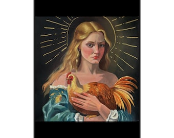 Lady with Chicken Art Poster: Vintage Style Home Decor