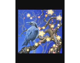 Crow and Star Tree Poster: Whimsical Nature Art Print