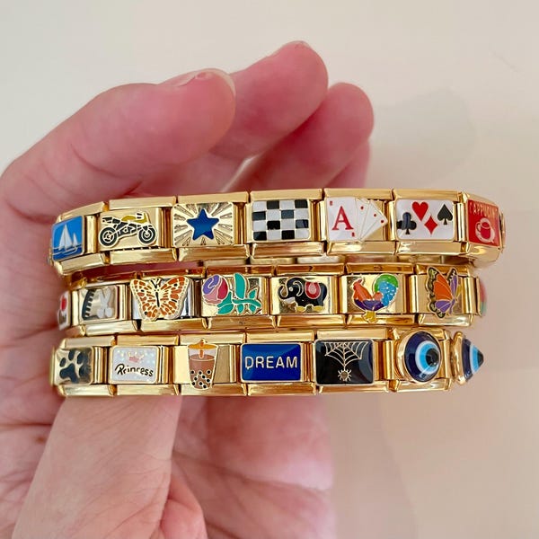 Spersonalizowana włoska bransoletka, spersonalizowane złote włoskie zawieszki, złota włoska bransoletka, włoskie zawieszki, złota włoska bransoletka z zawieszkami, prezent dla niej