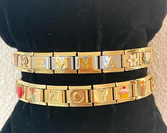 Bracciale italiano in oro, ciondoli italiani in oro personalizzati con nome, braccialetto italiano personalizzato, braccialetto con ciondoli italiani con lettere in oro, regalo per lei