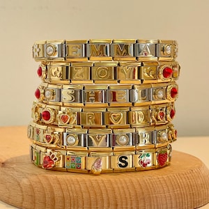 Dijes italianos con letras, pulsera italiana personalizada de oro con nombre, pulsera con dijes italianos, joyería Y2K, pulseras con dijes, pulseras para mujer