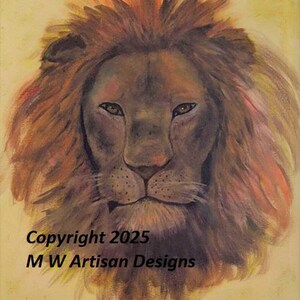 May include: A detailed pastel drawing of a lion's face, featuring a brown mane with orange and red highlights. The lion's face is a darker brown, with a focused gaze. The text "Copyright 2025 M W Artisan Designs" is at the bottom.