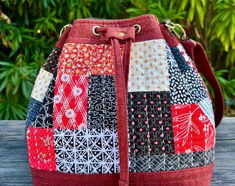 Boro Patchwork Bucket Bag: Handmade Japanese-Inspired Shoulder Bag, Hand-Stitched Cotton Red Purse