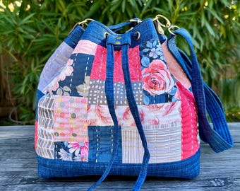 Boro Patchwork Bucket Bag: Handmade Japanese-Inspired Shoulder Bag, Hand-Stitched Cotton Blue & Pink Purse
