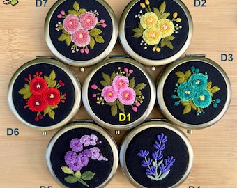 Hand-Embroidered Jewelry Box: Handmade Floral Linen Travel Case with Compact Mirror, Embroidered Pill Box