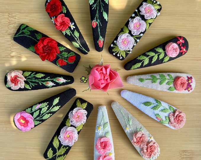 Hand-Embroidered Linen Hair Clip: Floral Barrette with Poppy, Rose, Sunflower, Daisy, Dandelion