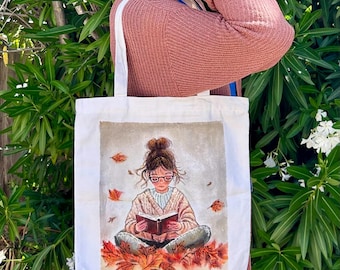 Oil Painting Canvas Tote Bag: Hand-Painted Zippered Eco Bag for Book Lovers