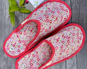 Floral Fabric Slippers: Handmade Washable Quilted Cotton Indoor Shoes, Pink & Purple Gift for Her