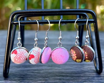 Floral Fabric Button Earrings: Handmade Cotton Flower Dangle Earrings, Vintage Style