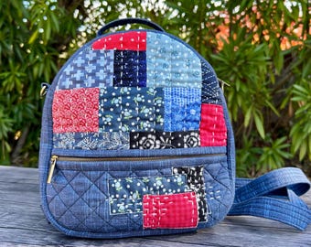 Boro Patchwork Mini Backpack: Convertible Crossbody Bag, Hand-Stitched Denim-Like Cotton Japanese-Style Bag
