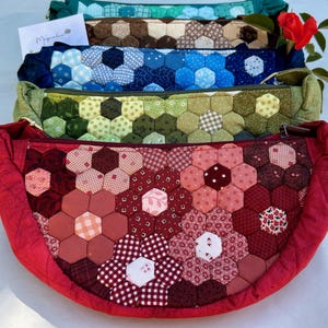 Floral Hexagon Patchwork Crescent Crossbody Bag, Handmade Cotton Quilted Half Moon Shoulder Purse