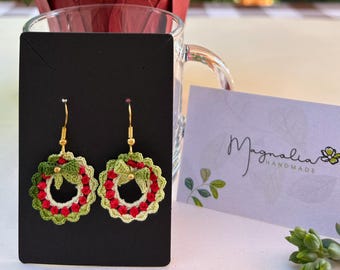 Micro Crochet Christmas Wreath Earrings: Handmade Holiday Jewelry, Delicate Festive Accessories