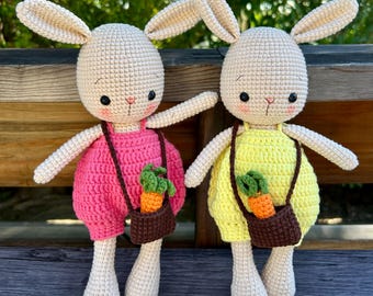 Crochet Bunny Doll: Handmade Amigurumi Rabbit in Jumpsuit with Little Bag and Carrot