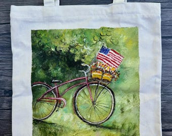 Hand-Painted American Flag Canvas Tote: Handmade Patriotic Art Reusable Bag for 4th of July