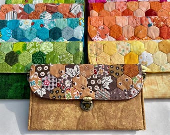 Hexagon Patchwork Wristlet Wallet: Handmade Quilted Cotton Long Wallet with Press-Lock, Soft Phone Case