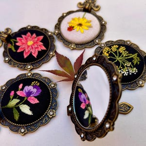 Floral Embroidered Hand Mirror: Flower Portable Makeup Mirror, Vintage Linen Compact Mirror, Antique Pocket Mirror, Handmade Gift for Her